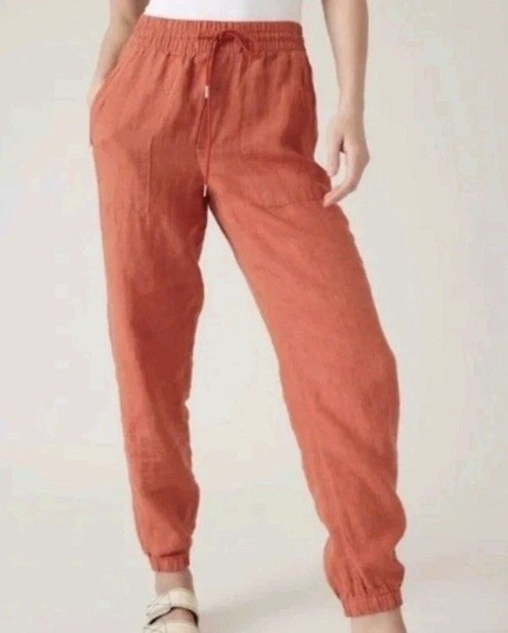 Athleta Womens 8 Orange Retreat 100% Linen Jogger Pant Drawstring Beachy